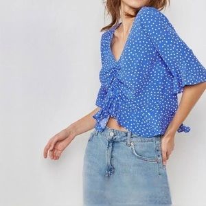 Topshop Polka Dot Blue Ruched Front V-Neck Blouse